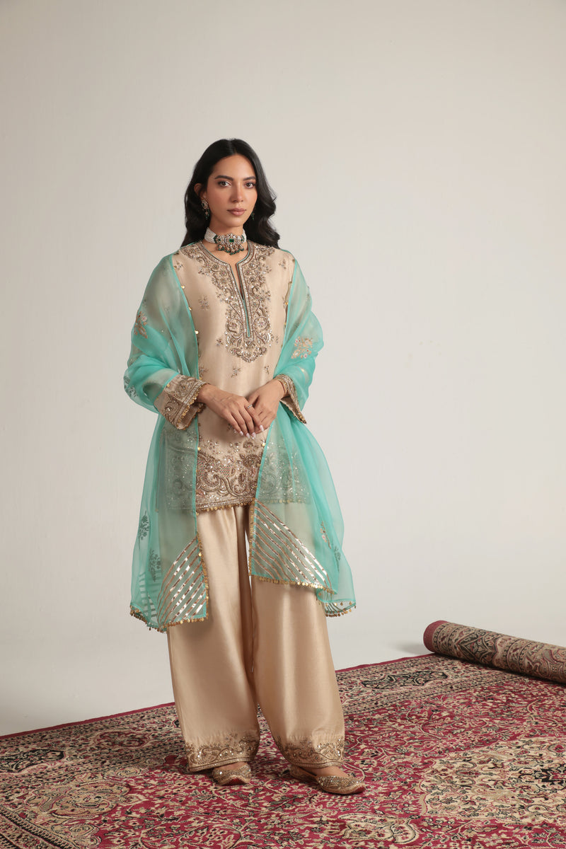 Zar-Rang Short Farshi Kurta Set organza, silk tencel kurta/kurta set by Niti Bothra in ivory for women Worldwide