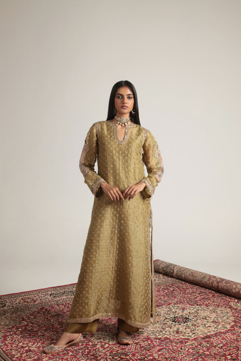 Zar-Rang Olive Green Buti kurta Set organza, silk tencel kurta/kurta set by Niti Bothra in olive green for women Worldwide
