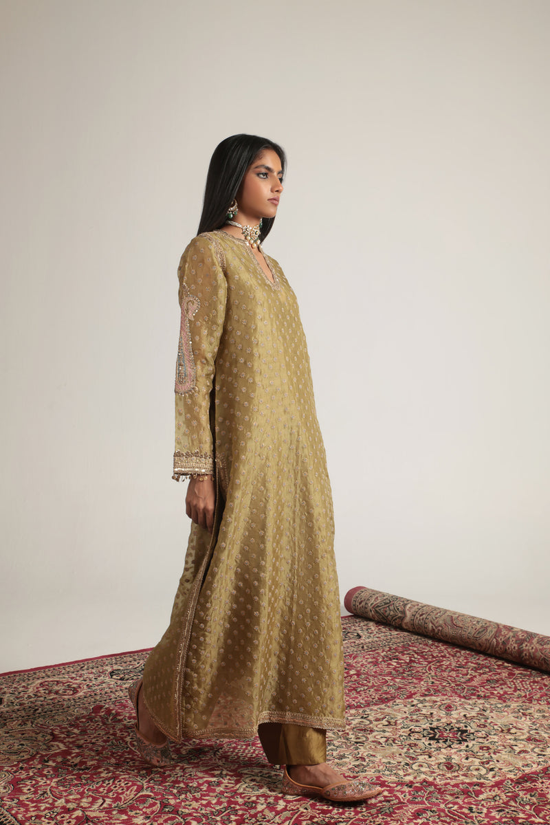 Zar-Rang Olive Green Buti kurta Set organza, silk tencel kurta/kurta set by Niti Bothra in olive green for women Worldwide