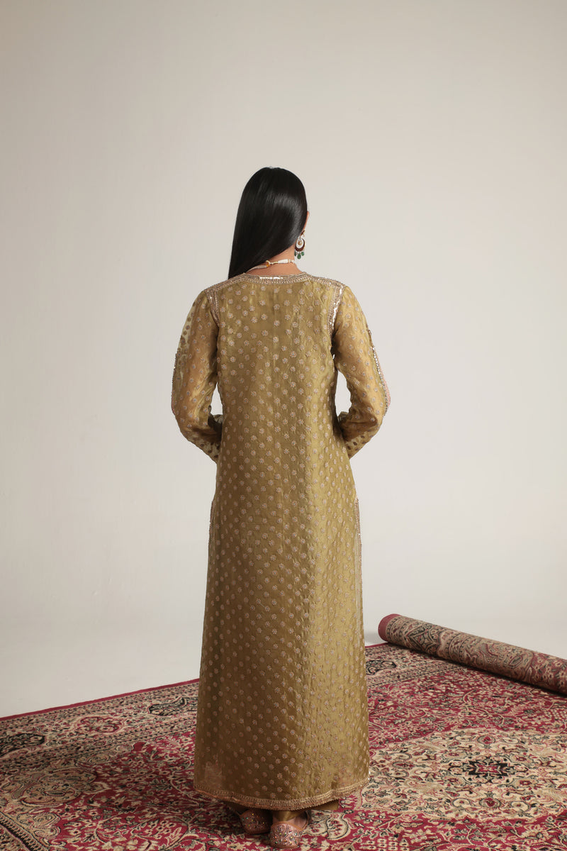 Zar-Rang Olive Green Buti kurta Set organza, silk tencel kurta/kurta set by Niti Bothra in olive green for women Worldwide