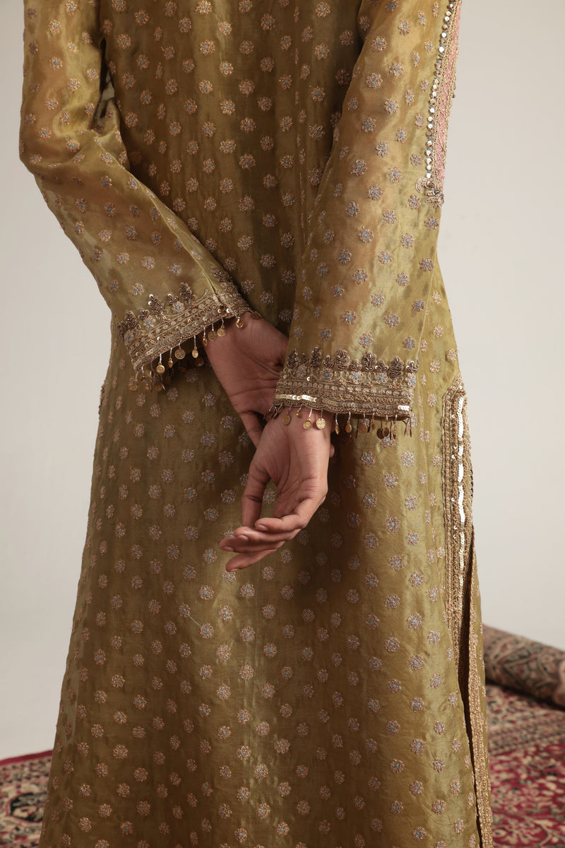 Zar-Rang Olive Green Buti kurta Set organza, silk tencel kurta/kurta set by Niti Bothra in olive green for women Worldwide