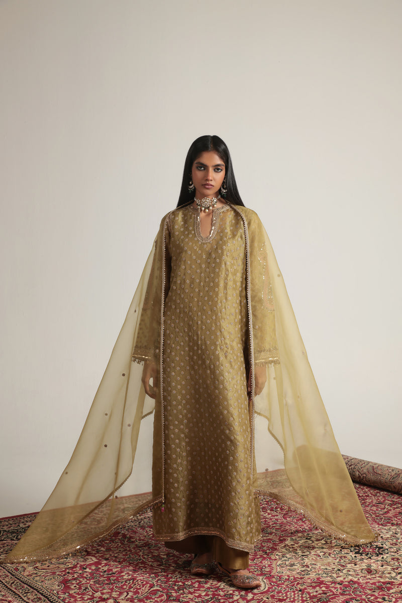 Zar-Rang Olive Green Buti kurta Set organza, silk tencel kurta/kurta set by Niti Bothra in olive green for women Worldwide