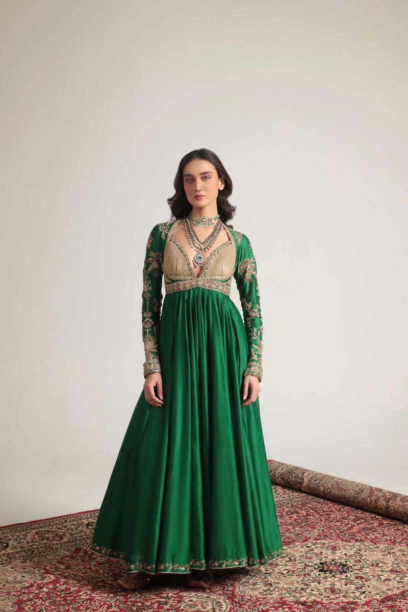 Zar-Rang Green Heavy Yoke Kalidar Set silk chanderi, silk tencel, organza kurta/kurta set by Niti Bothra in green for women Worldwide