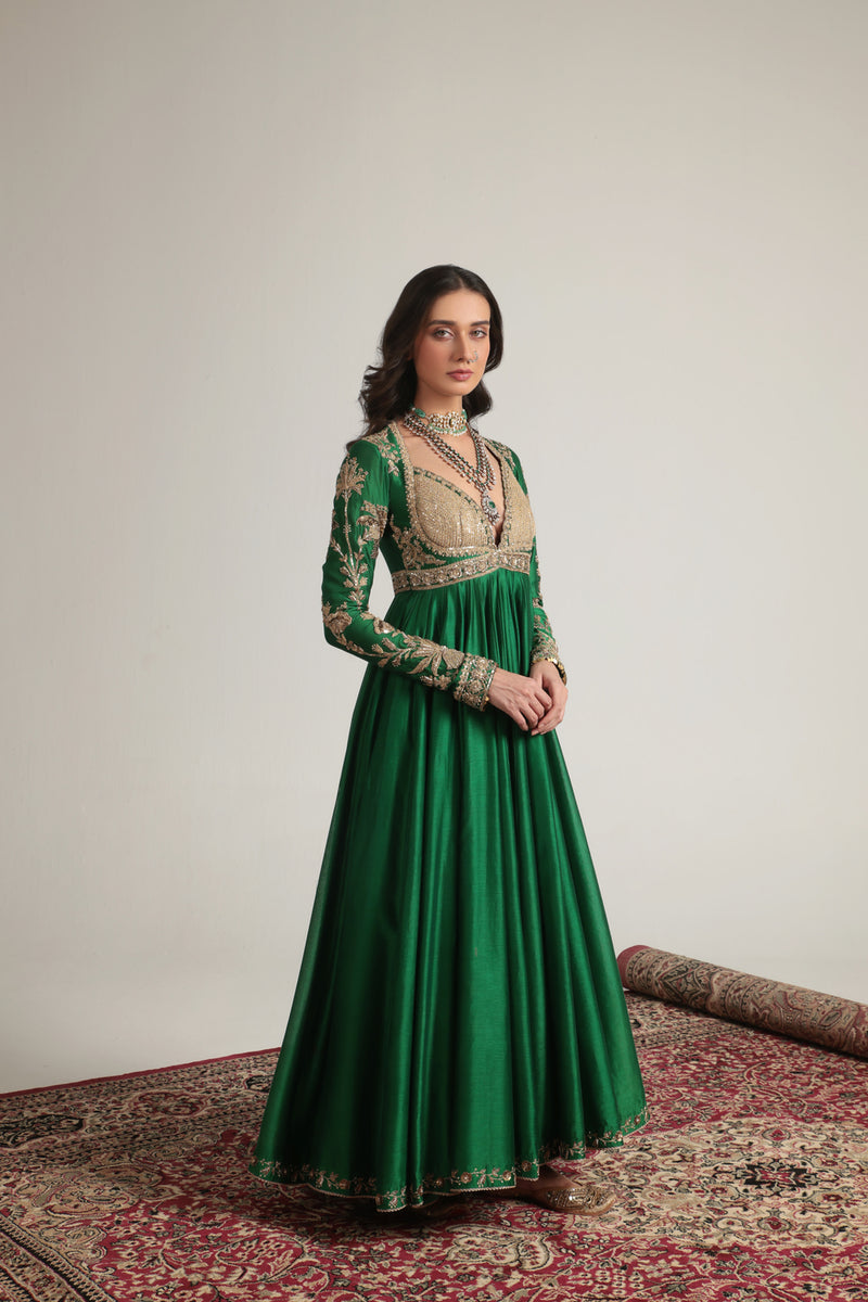Zar-Rang Green Heavy Yoke Kalidar Set silk chanderi, silk tencel, organza kurta/kurta set by Niti Bothra in green for women Worldwide