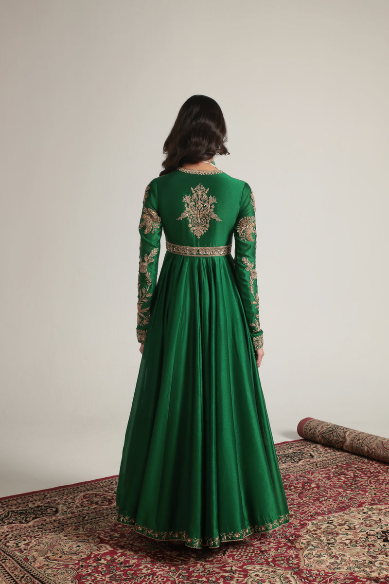 Zar-Rang Green Heavy Yoke Kalidar Set silk chanderi, silk tencel, organza kurta/kurta set by Niti Bothra in green for women Worldwide
