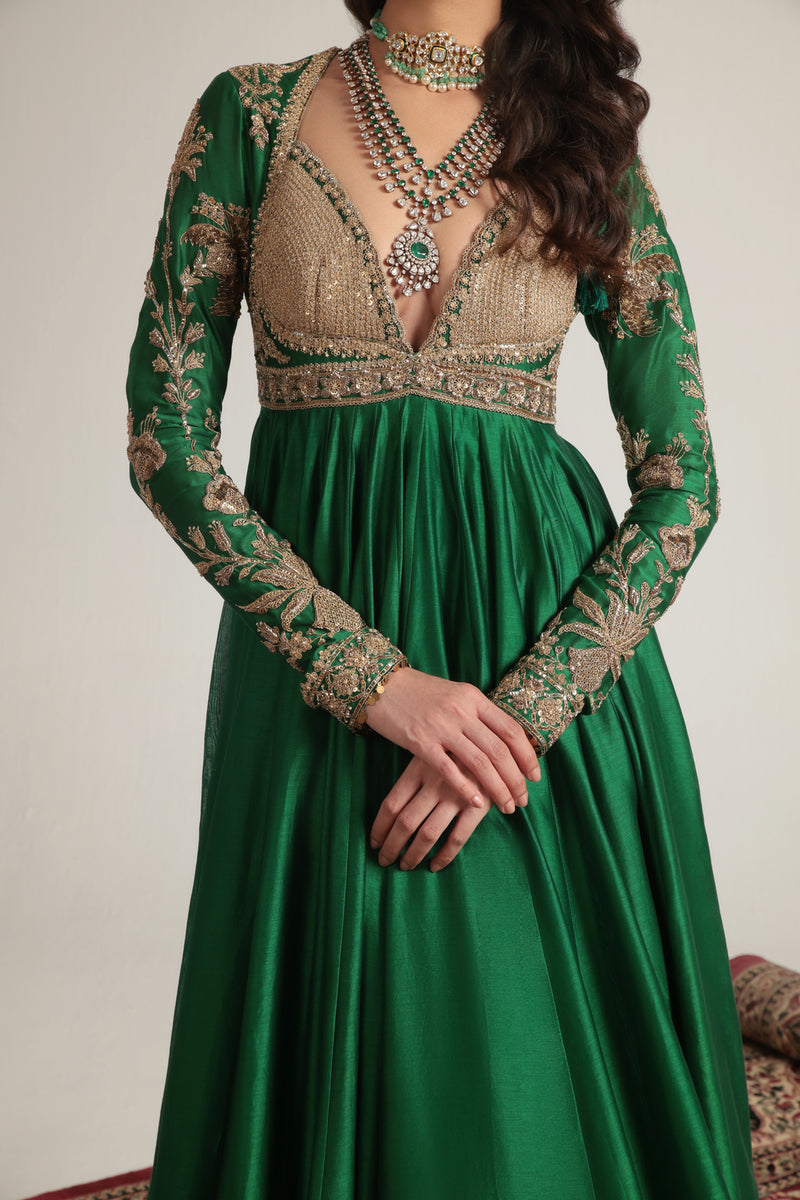 Zar-Rang Green Heavy Yoke Kalidar Set silk chanderi, silk tencel, organza kurta/kurta set by Niti Bothra in green for women Worldwide