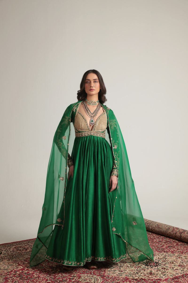 Zar-Rang Green Heavy Yoke Kalidar Set silk chanderi, silk tencel, organza kurta/kurta set by Niti Bothra in green for women Worldwide