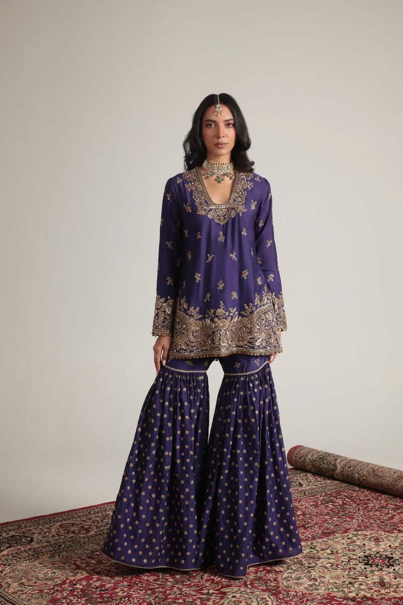 Zar-Rang Purple Buti Sharara Set kora silk, organza kurta/kurta set by Niti Bothra in purple for women Worldwide