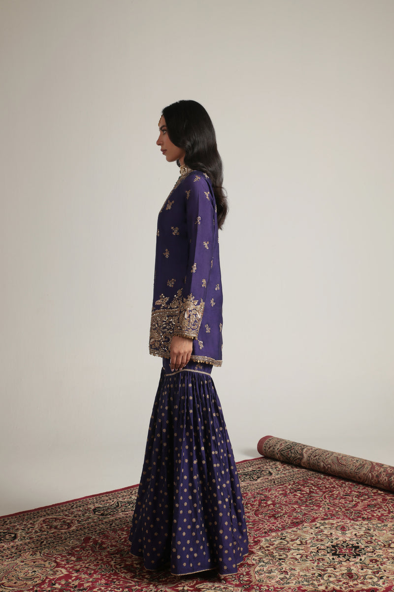 Zar-Rang Purple Buti Sharara Set kora silk, organza kurta/kurta set by Niti Bothra in purple for women Worldwide
