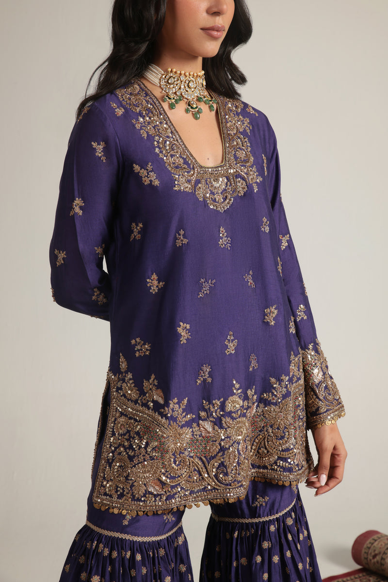 Zar-Rang Purple Buti Sharara Set kora silk, organza kurta/kurta set by Niti Bothra in purple for women Worldwide