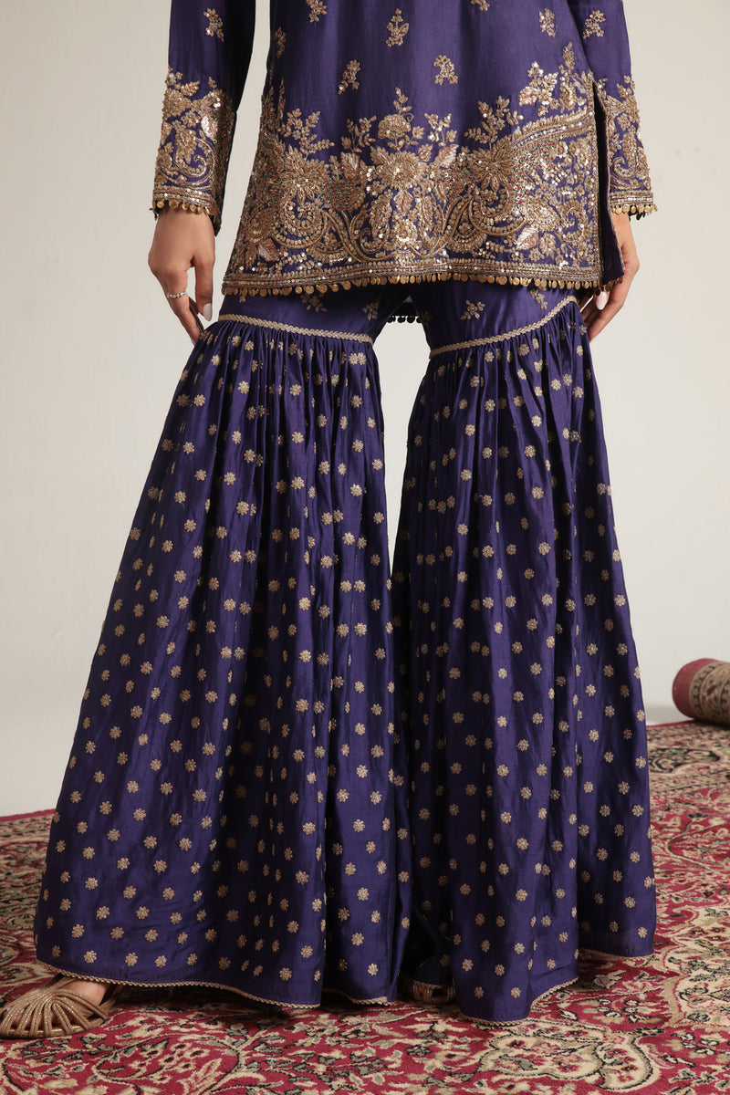 Zar-Rang Purple Buti Sharara Set kora silk, organza kurta/kurta set by Niti Bothra in purple for women Worldwide