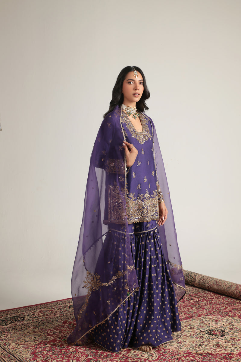 Zar-Rang Purple Buti Sharara Set kora silk, organza kurta/kurta set by Niti Bothra in purple for women Worldwide
