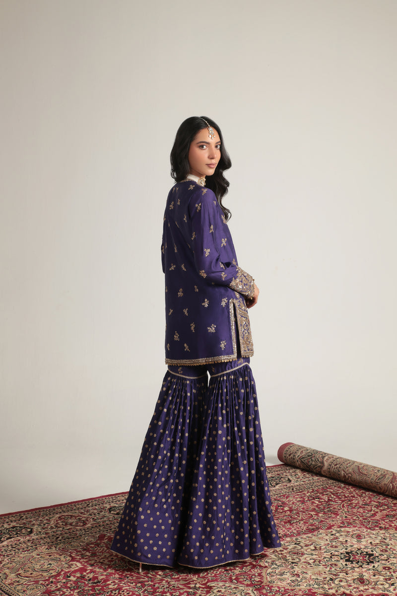 Zar-Rang Purple Buti Sharara Set kora silk, organza kurta/kurta set by Niti Bothra in purple for women Worldwide