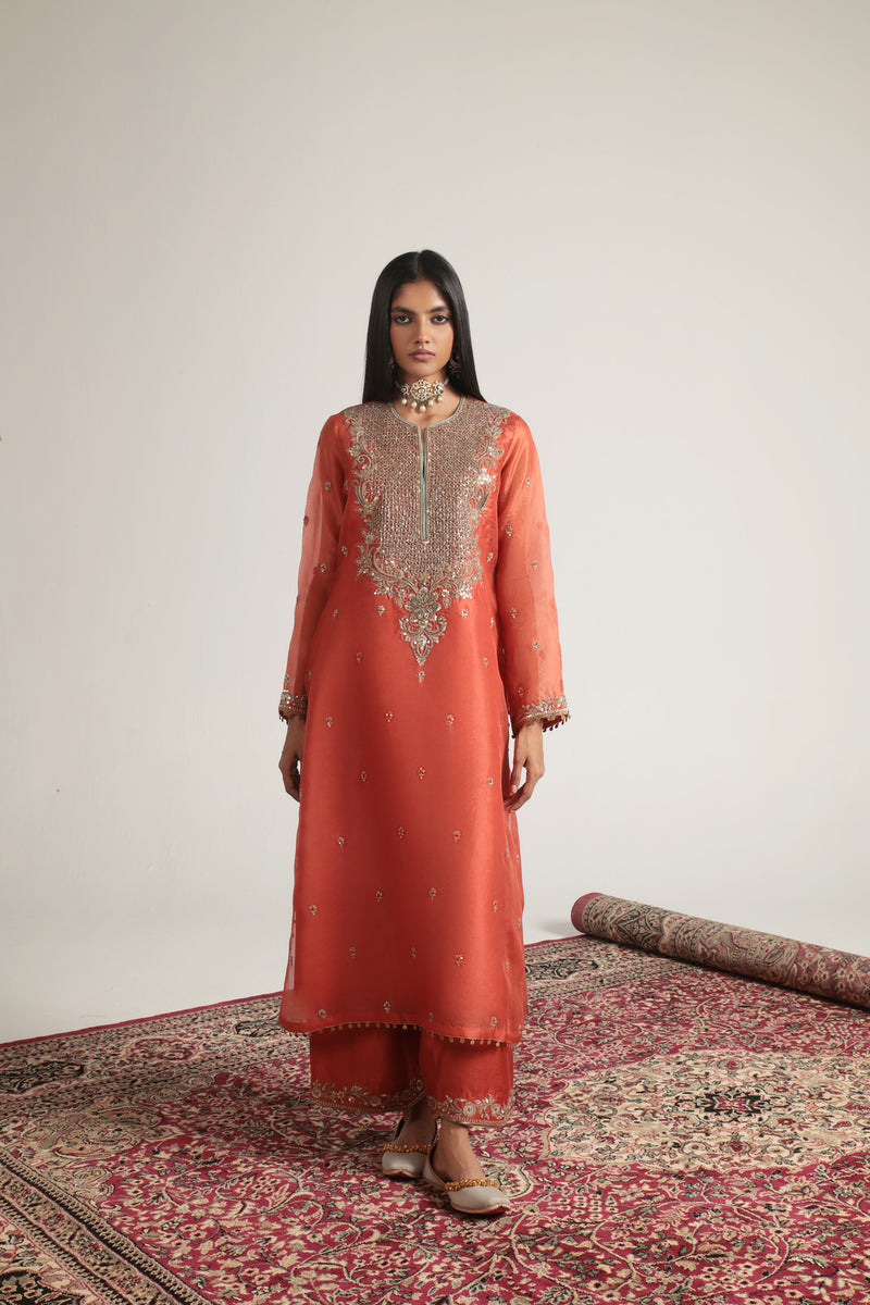 Zar-Rang Orange Long Kurta Set organza, silk tencel kurta/kurta set by Niti Bothra in orange for women Worldwide