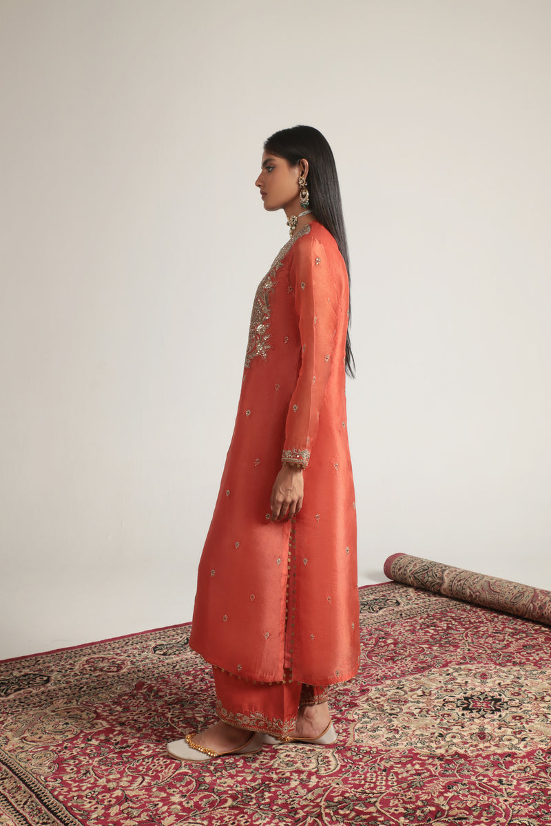 Zar-Rang Orange Long Kurta Set organza, silk tencel kurta/kurta set by Niti Bothra in orange for women Worldwide