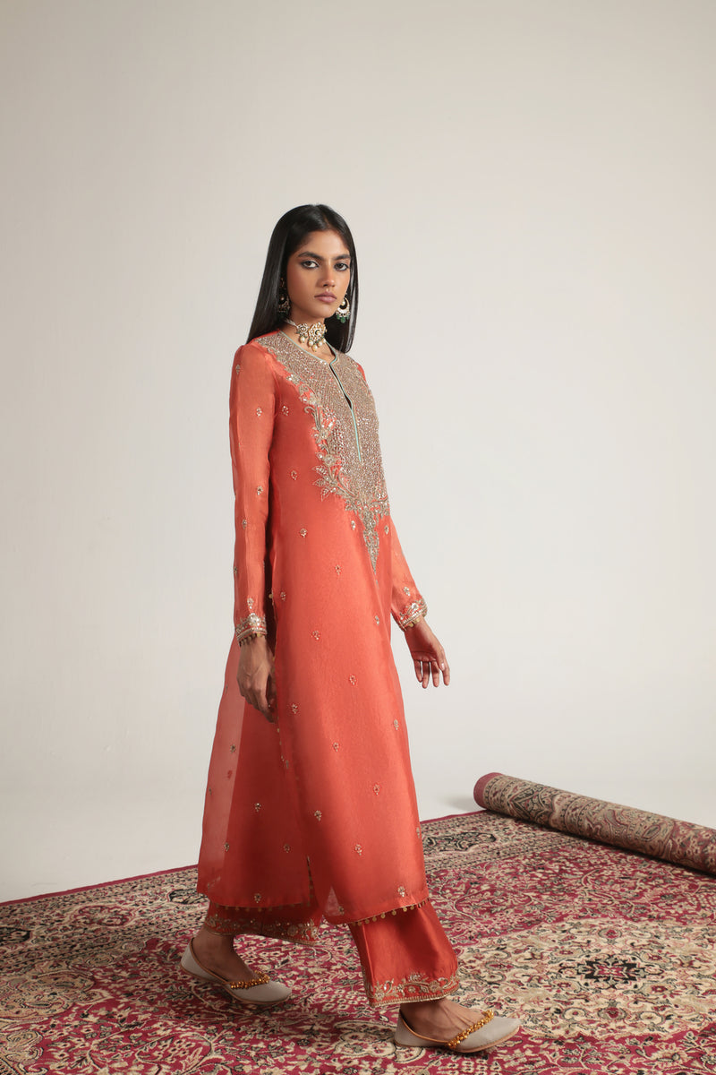 Zar-Rang Orange Long Kurta Set organza, silk tencel kurta/kurta set by Niti Bothra in orange for women Worldwide