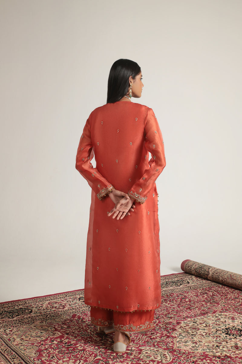 Zar-Rang Orange Long Kurta Set organza, silk tencel kurta/kurta set by Niti Bothra in orange for women Worldwide