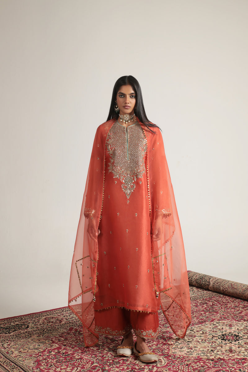 Zar-Rang Orange Long Kurta Set organza, silk tencel kurta/kurta set by Niti Bothra in orange for women Worldwide
