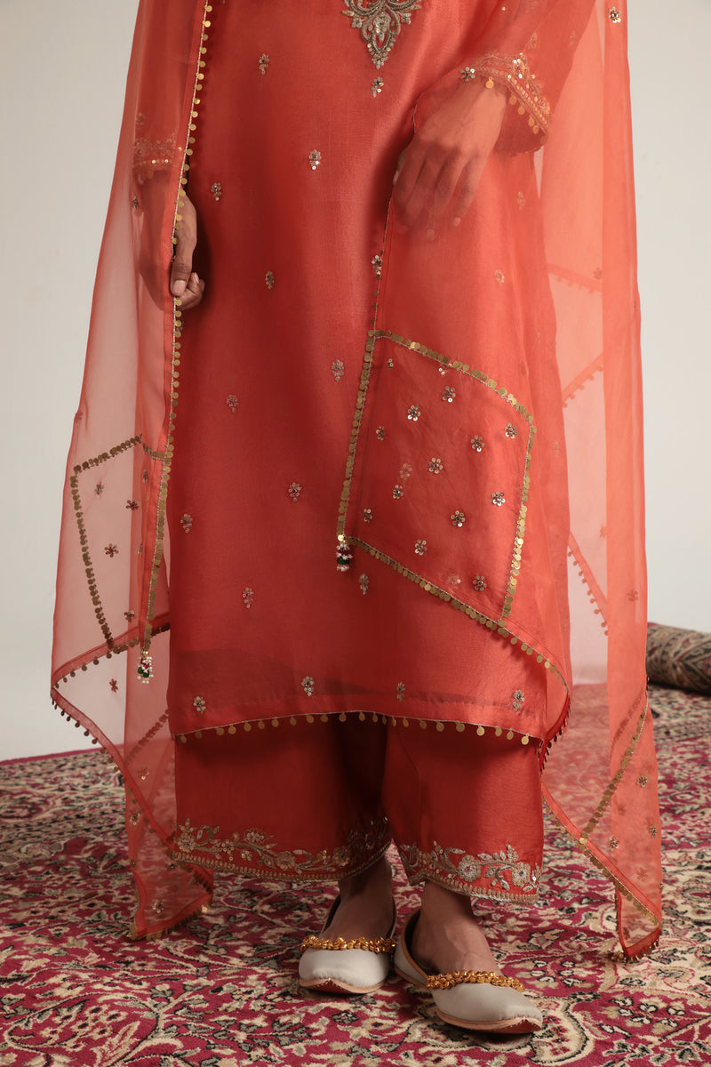 Zar-Rang Orange Long Kurta Set organza, silk tencel kurta/kurta set by Niti Bothra in orange for women Worldwide