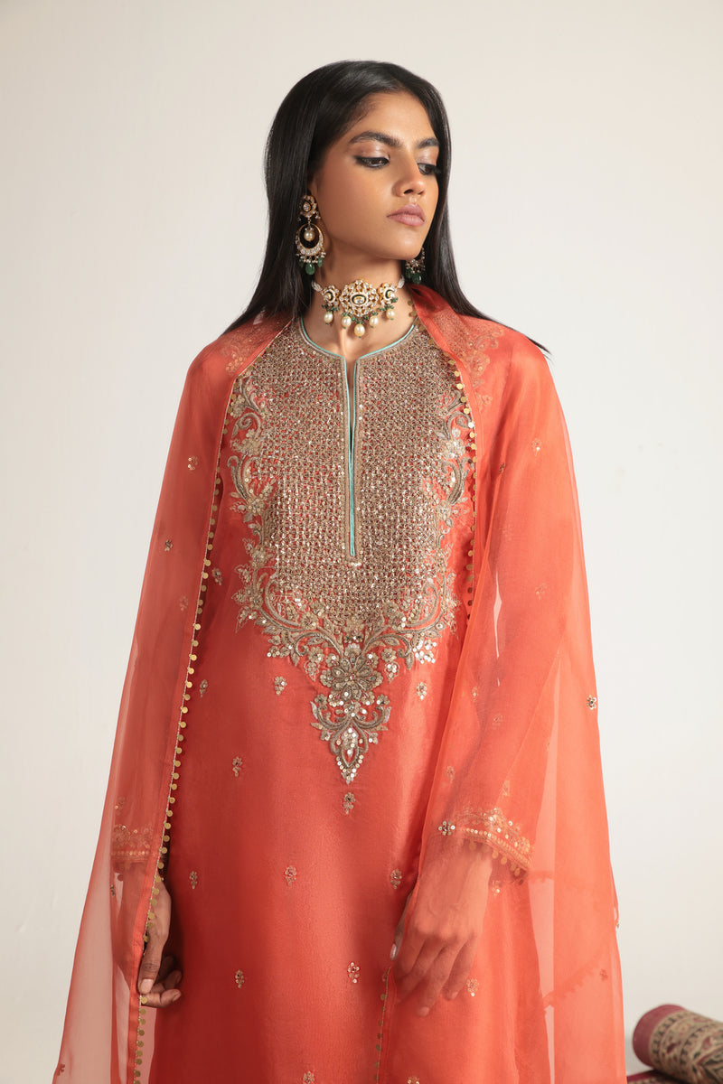Zar-Rang Orange Long Kurta Set organza, silk tencel kurta/kurta set by Niti Bothra in orange for women Worldwide
