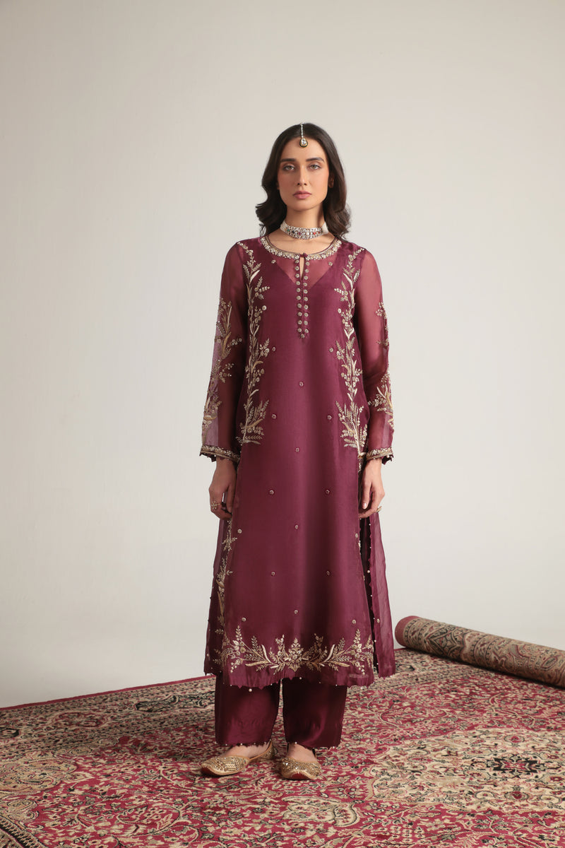 Zar-Rang Wine Light Phool Patti Kurta Set organza, silk tencel kurta/kurta set by Niti Bothra in wine for women Worldwide