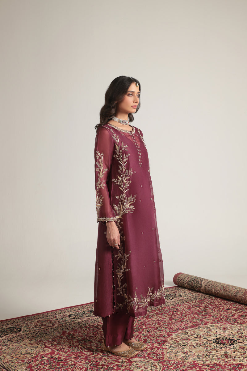 Zar-Rang Wine Light Phool Patti Kurta Set organza, silk tencel kurta/kurta set by Niti Bothra in wine for women Worldwide