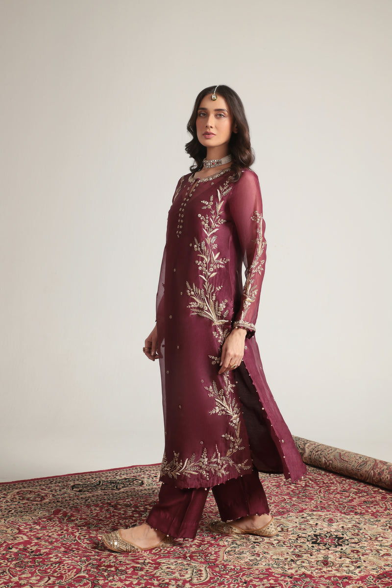 Zar-Rang Wine Light Phool Patti Kurta Set organza, silk tencel kurta/kurta set by Niti Bothra in wine for women Worldwide