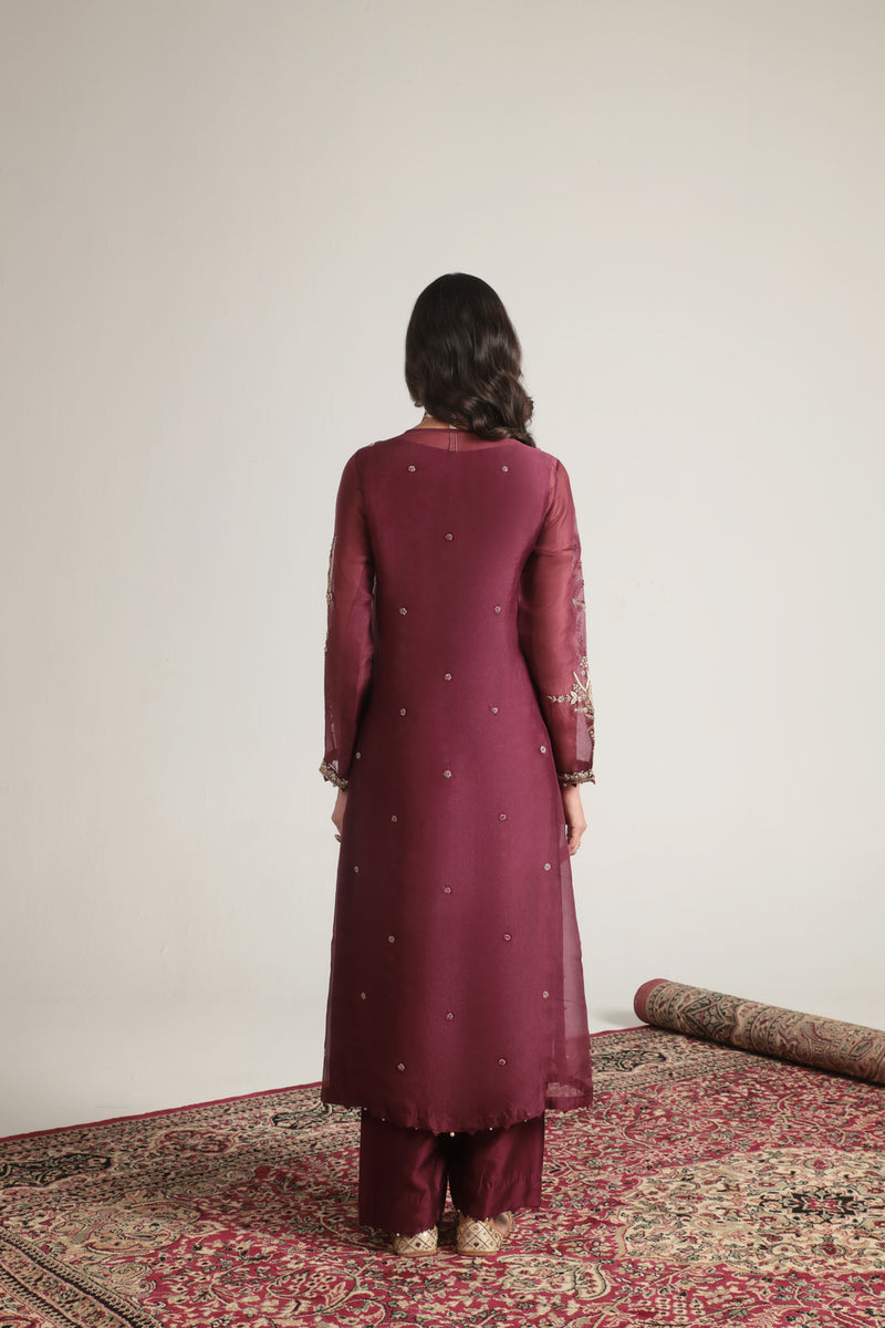 Zar-Rang Wine Light Phool Patti Kurta Set organza, silk tencel kurta/kurta set by Niti Bothra in wine for women Worldwide
