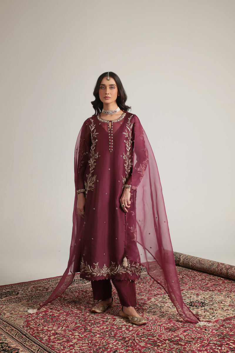 Zar-Rang Wine Light Phool Patti Kurta Set organza, silk tencel kurta/kurta set by Niti Bothra in wine for women Worldwide