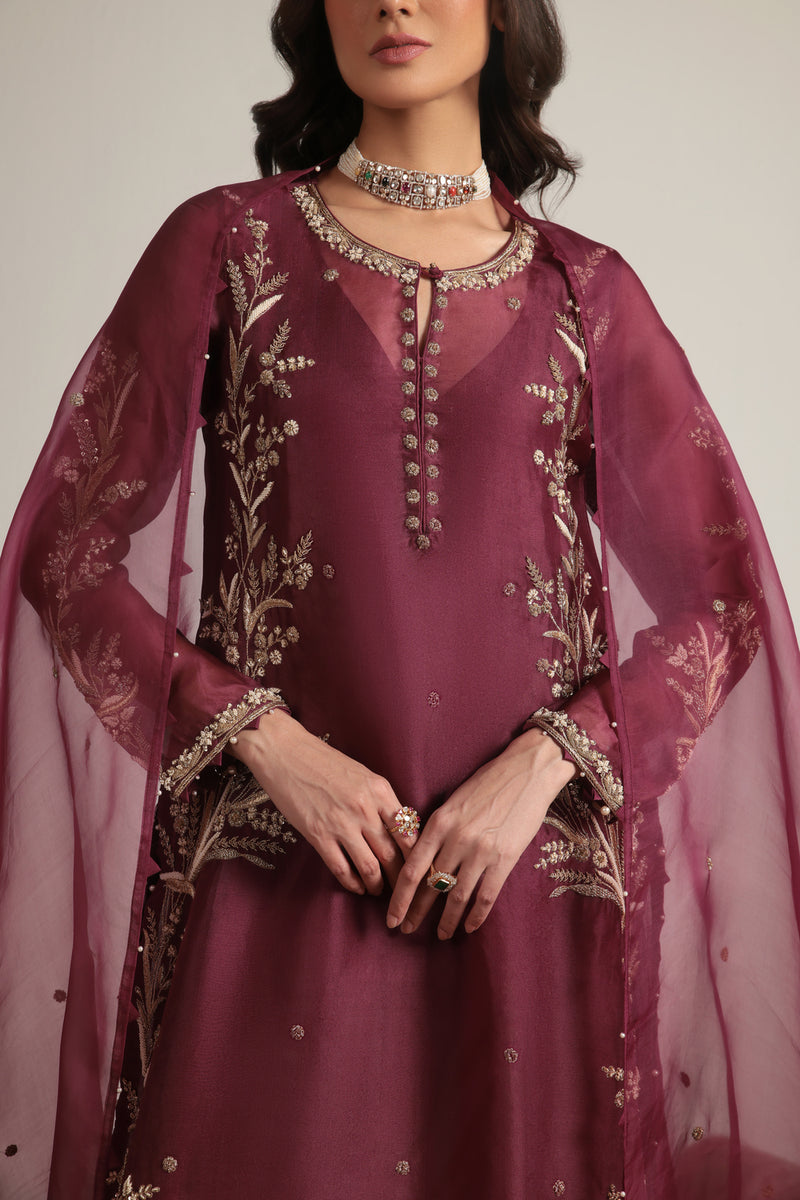 Zar-Rang Wine Light Phool Patti Kurta Set organza, silk tencel kurta/kurta set by Niti Bothra in wine for women Worldwide