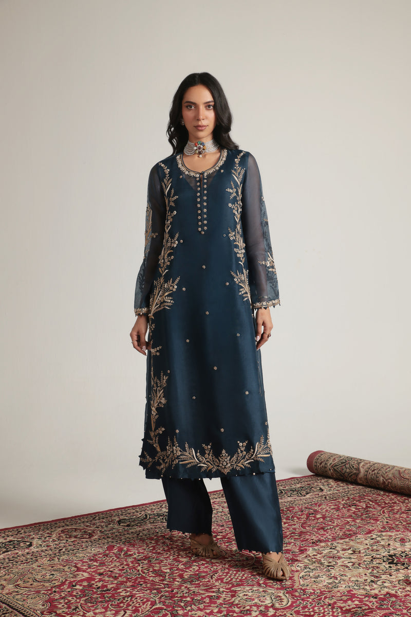 Zar-Rang Blue Light Phool Patti Kurta Set organza, silk tencel kurta/kurta set by Niti Bothra in blue for women Worldwide