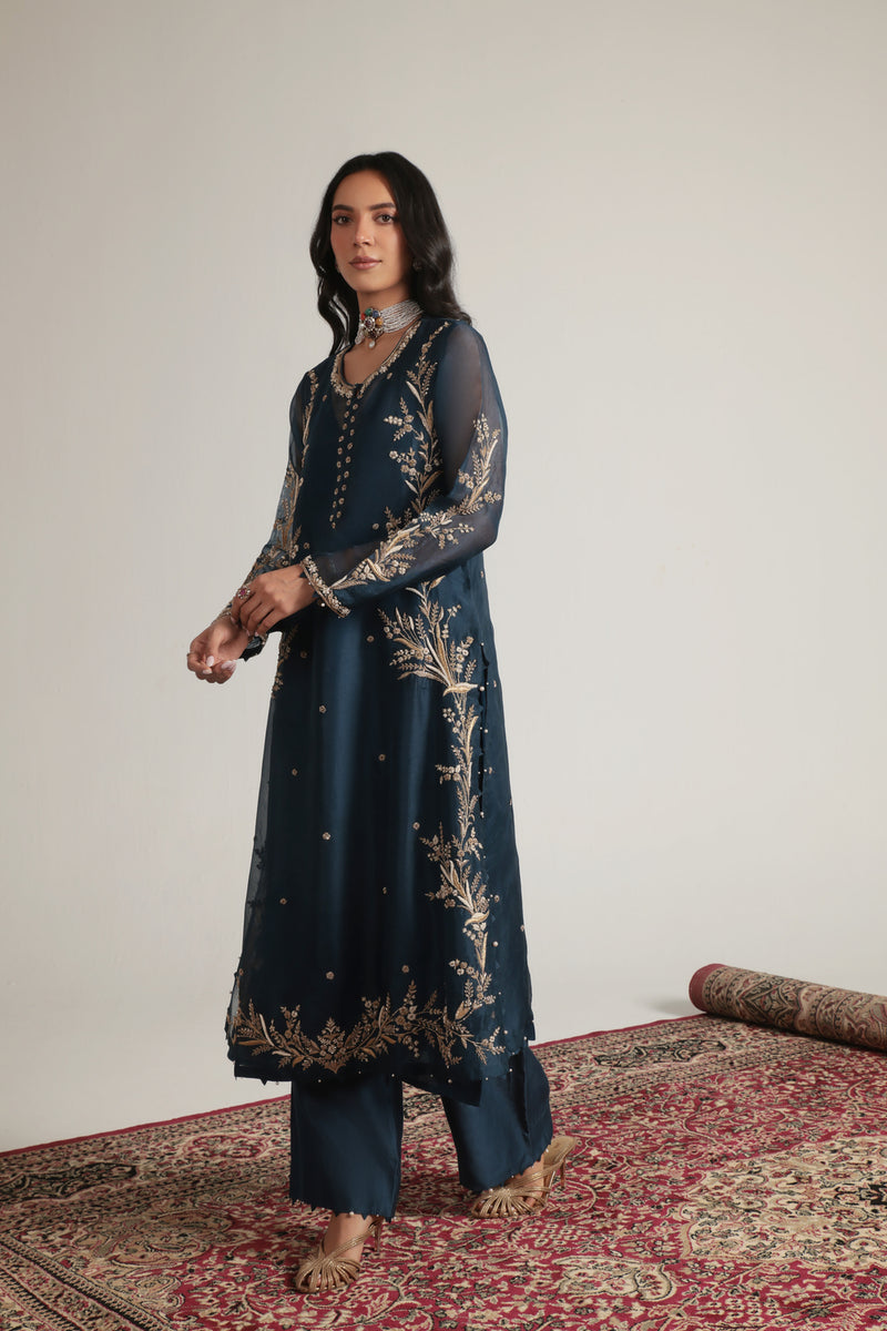 Zar-Rang Blue Light Phool Patti Kurta Set organza, silk tencel kurta/kurta set by Niti Bothra in blue for women Worldwide