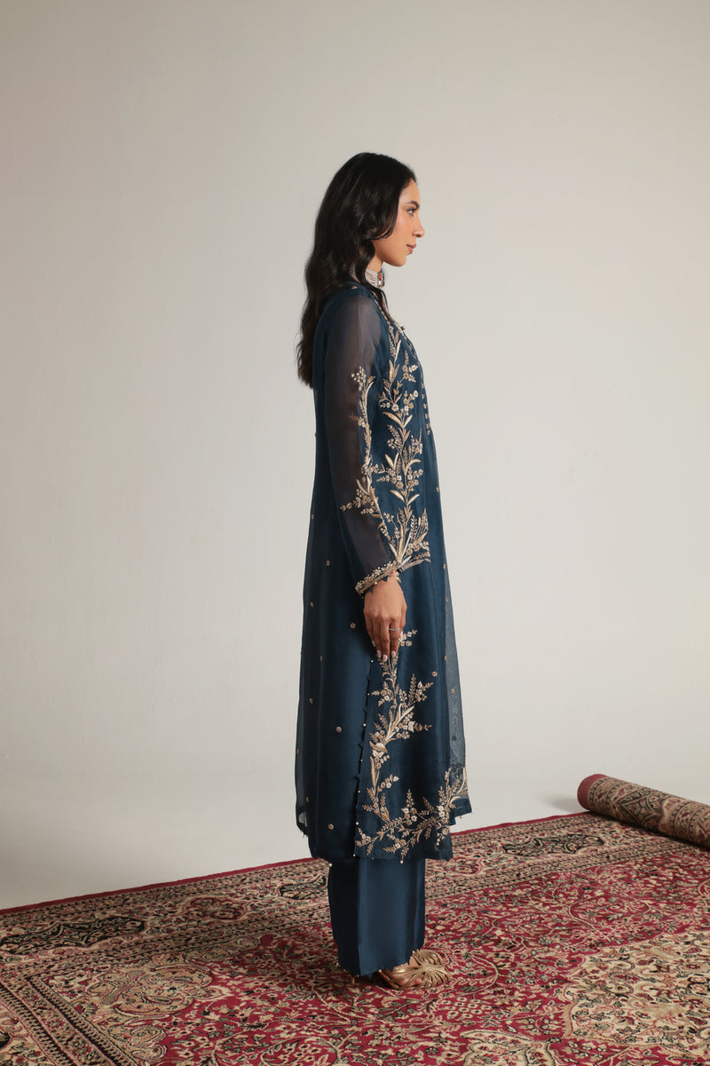 Zar-Rang Blue Light Phool Patti Kurta Set organza, silk tencel kurta/kurta set by Niti Bothra in blue for women Worldwide