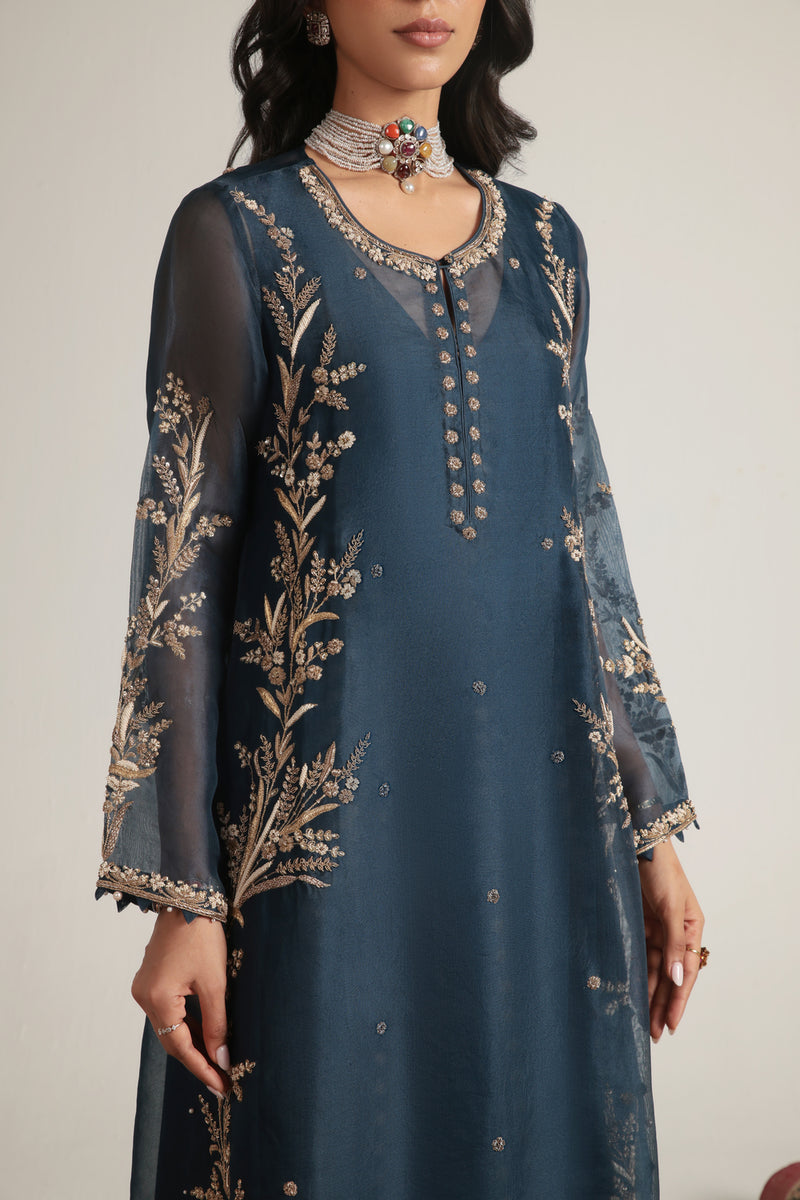 Zar-Rang Blue Light Phool Patti Kurta Set organza, silk tencel kurta/kurta set by Niti Bothra in blue for women Worldwide