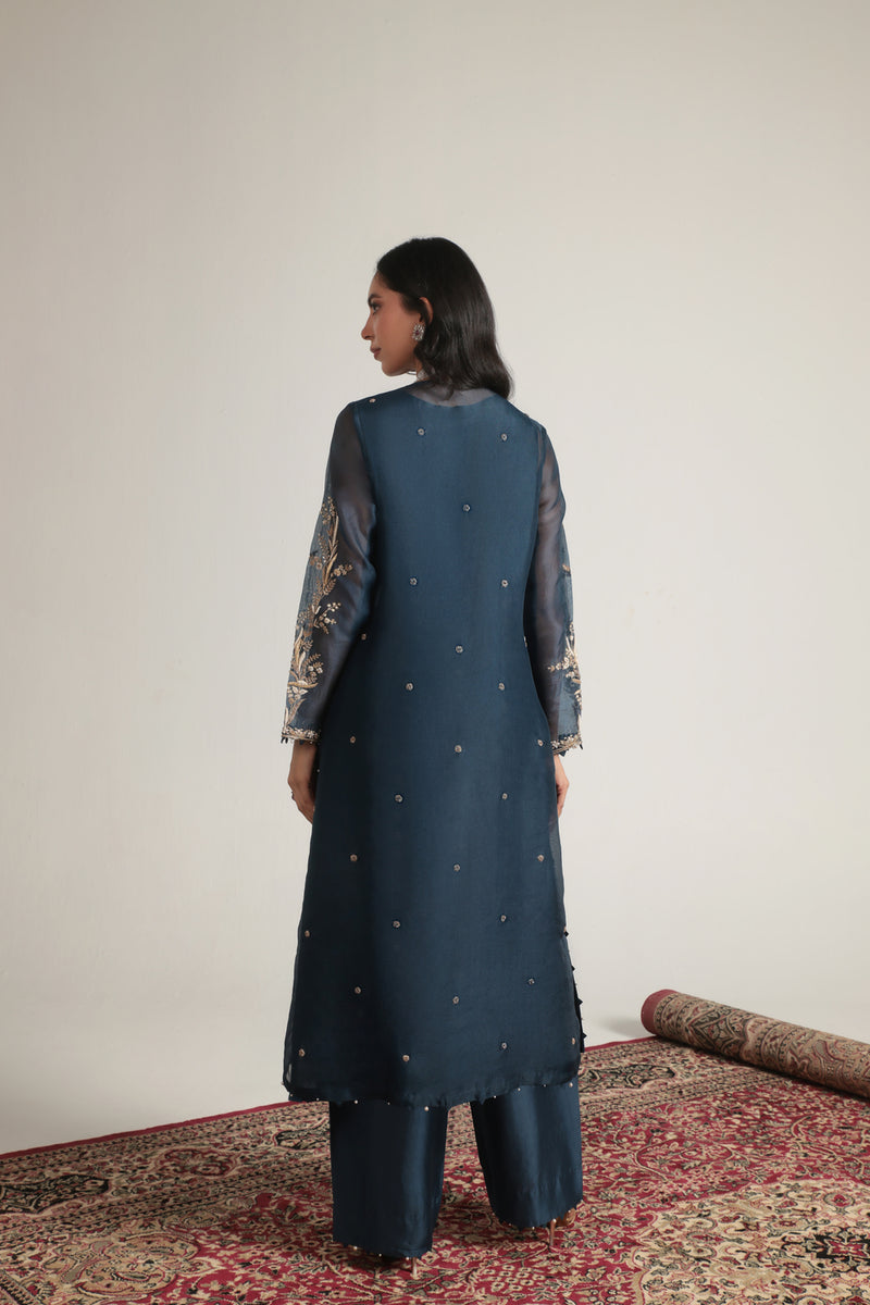 Zar-Rang Blue Light Phool Patti Kurta Set organza, silk tencel kurta/kurta set by Niti Bothra in blue for women Worldwide