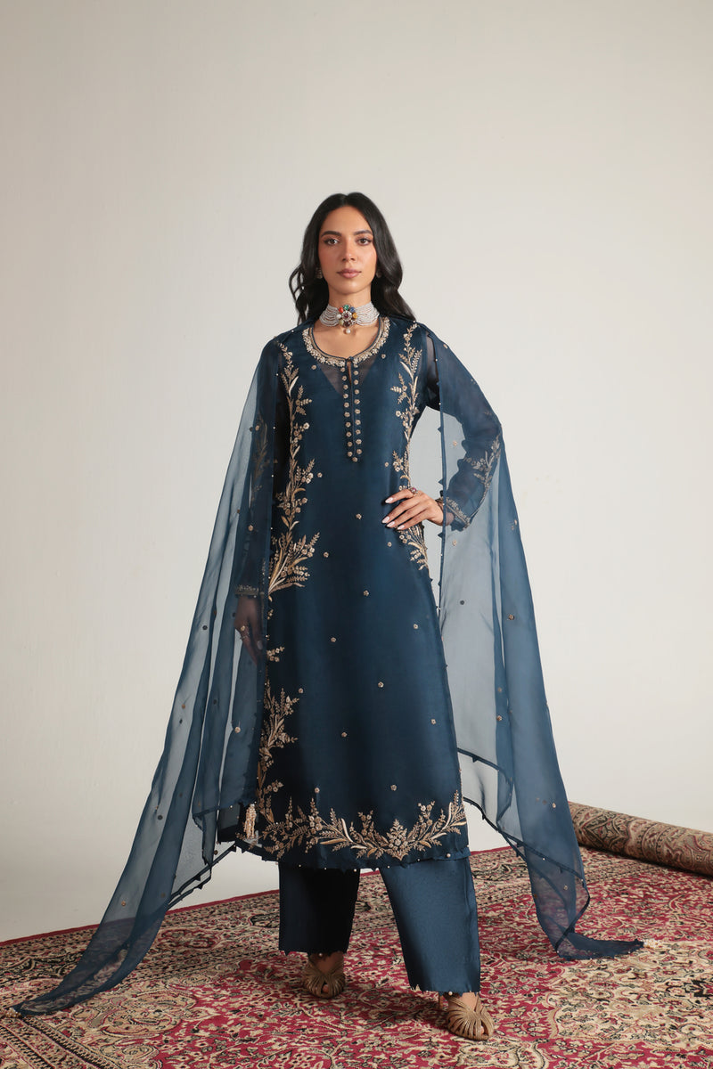 Zar-Rang Blue Light Phool Patti Kurta Set organza, silk tencel kurta/kurta set by Niti Bothra in blue for women Worldwide
