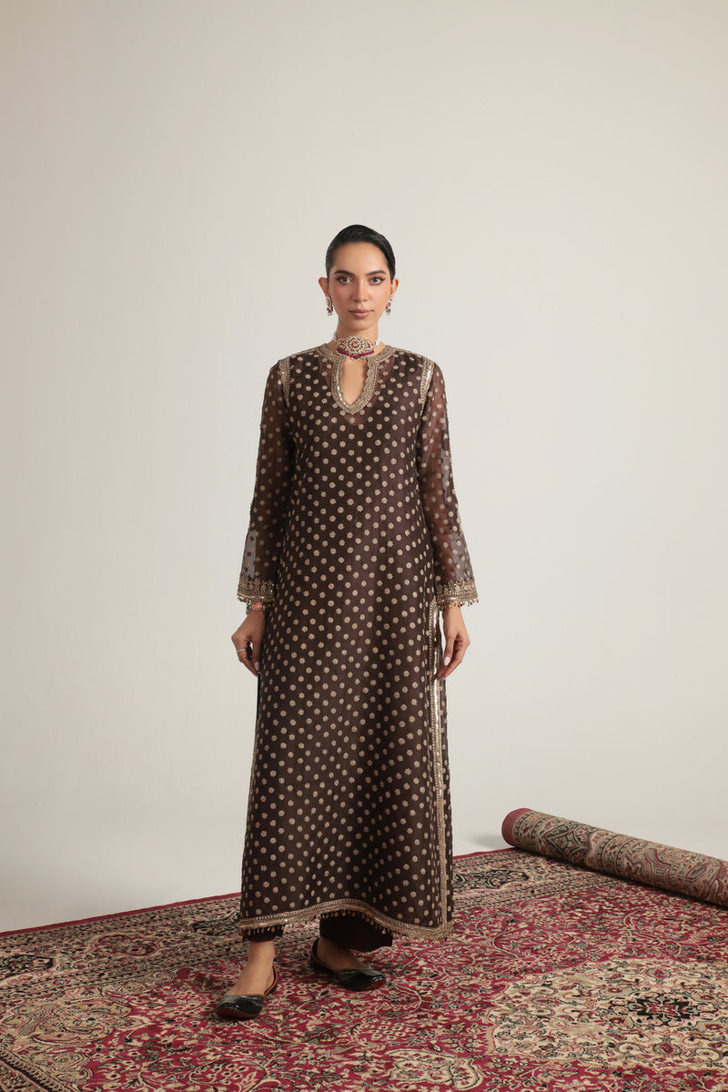 Zar-Rang Brown Buti Kurta Set organza, silk tencel kurta/kurta set by Niti Bothra in brown for women Worldwide