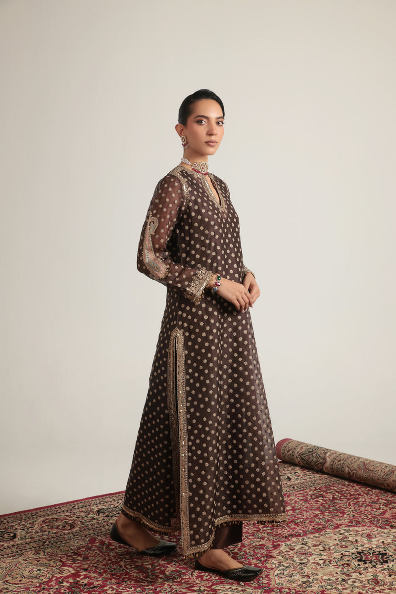 Zar-Rang Brown Buti Kurta Set organza, silk tencel kurta/kurta set by Niti Bothra in brown for women Worldwide