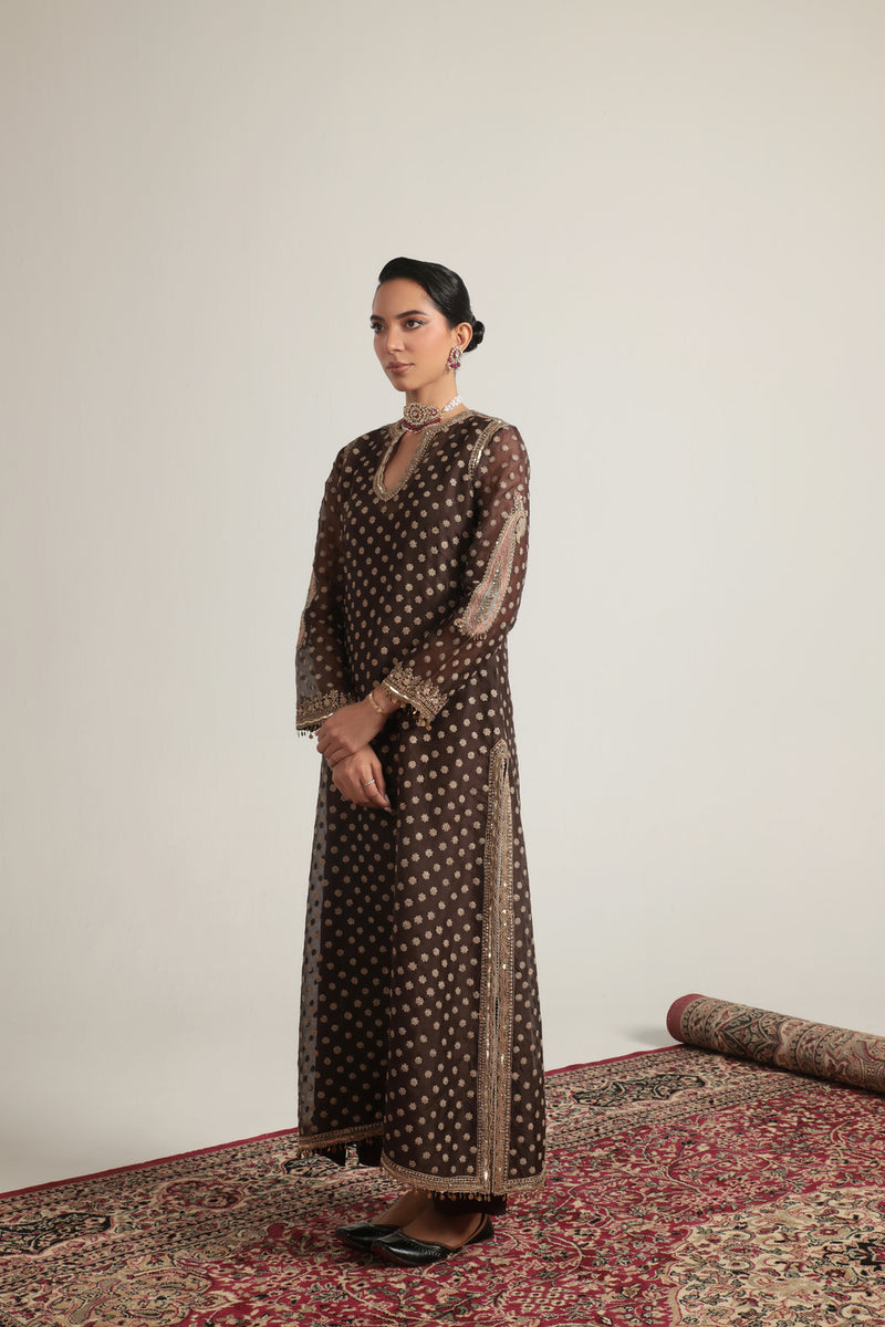 Zar-Rang Brown Buti Kurta Set organza, silk tencel kurta/kurta set by Niti Bothra in brown for women Worldwide