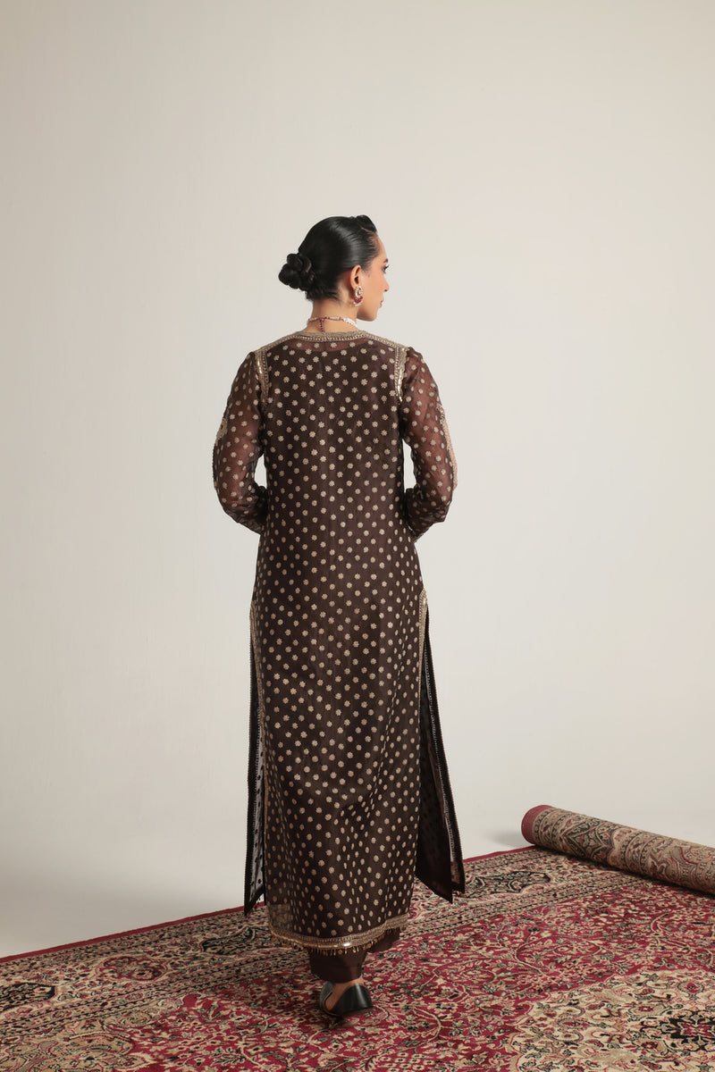 Zar-Rang Brown Buti Kurta Set organza, silk tencel kurta/kurta set by Niti Bothra in brown for women Worldwide