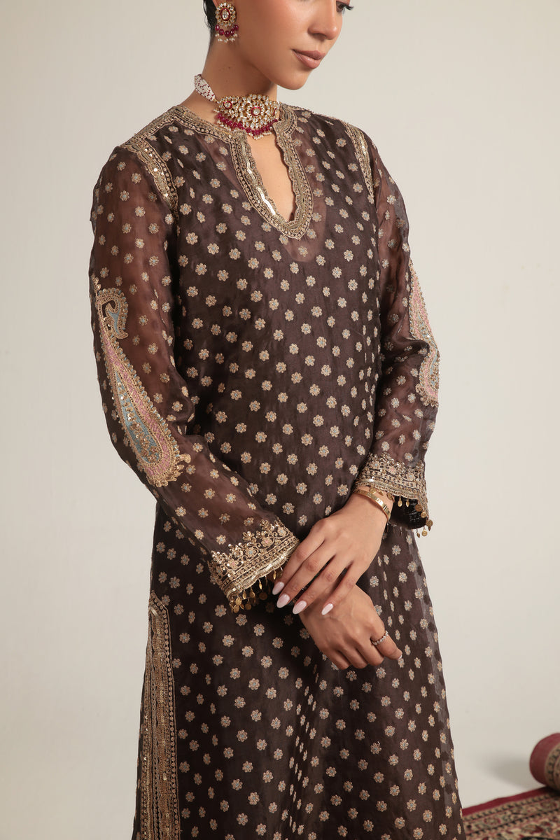 Zar-Rang Brown Buti Kurta Set organza, silk tencel kurta/kurta set by Niti Bothra in brown for women Worldwide