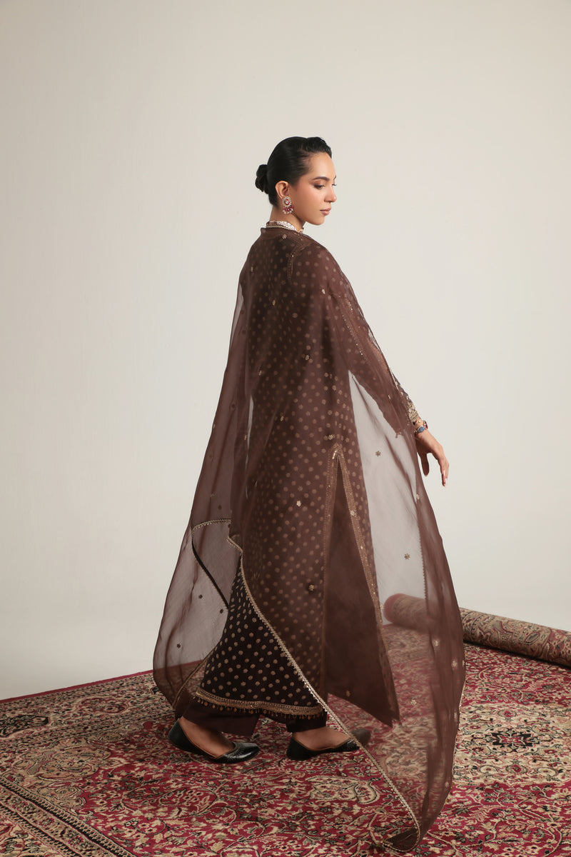 Zar-Rang Brown Buti Kurta Set organza, silk tencel kurta/kurta set by Niti Bothra in brown for women Worldwide