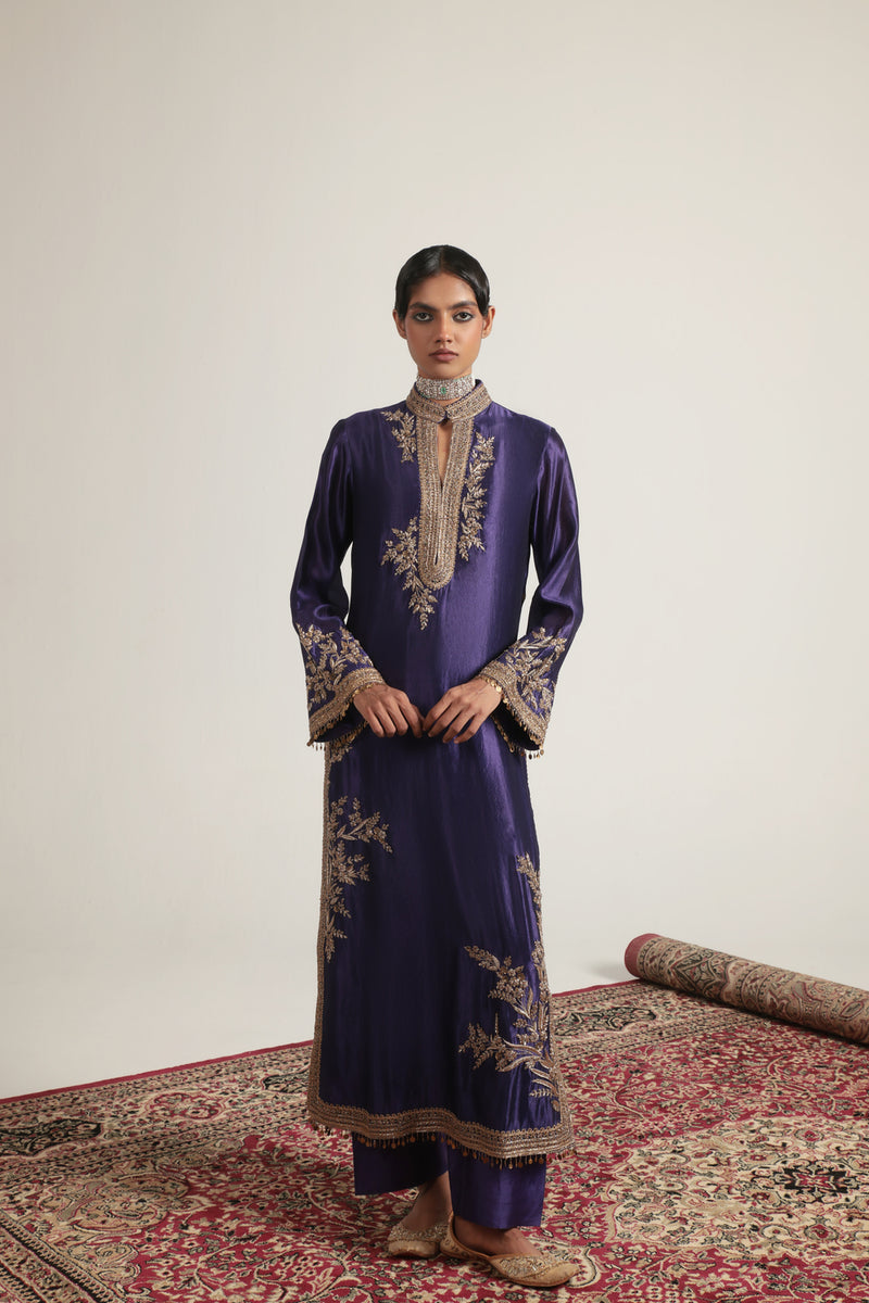 Zar-Rang Purple Jaal Kurta Set kora silk, silk tencel kurta/kurta set by Niti Bothra in purple for women Worldwide