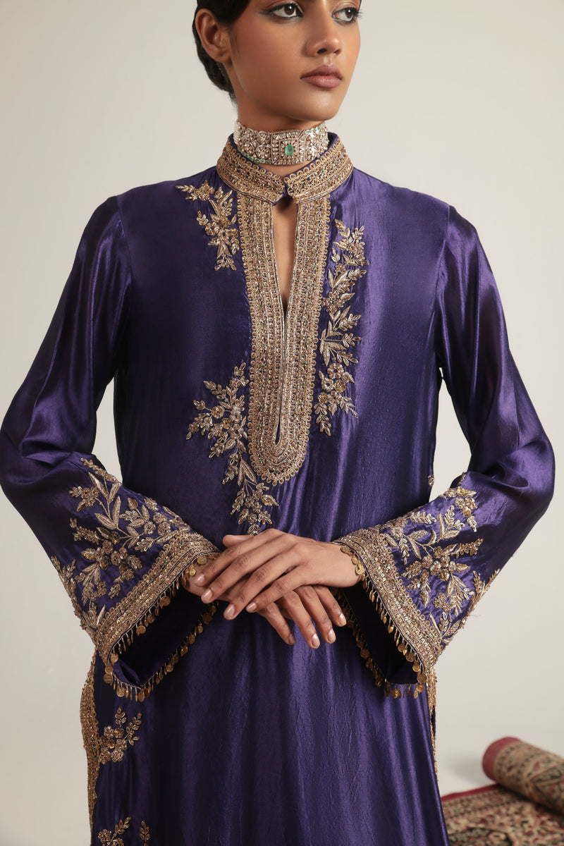 Zar-Rang Purple Jaal Kurta Set kora silk, silk tencel kurta/kurta set by Niti Bothra in purple for women Worldwide