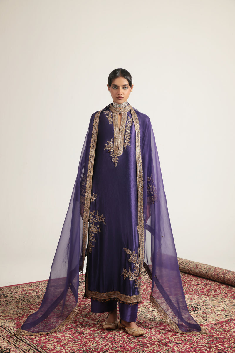 Zar-Rang Purple Jaal Kurta Set kora silk, silk tencel kurta/kurta set by Niti Bothra in purple for women Worldwide