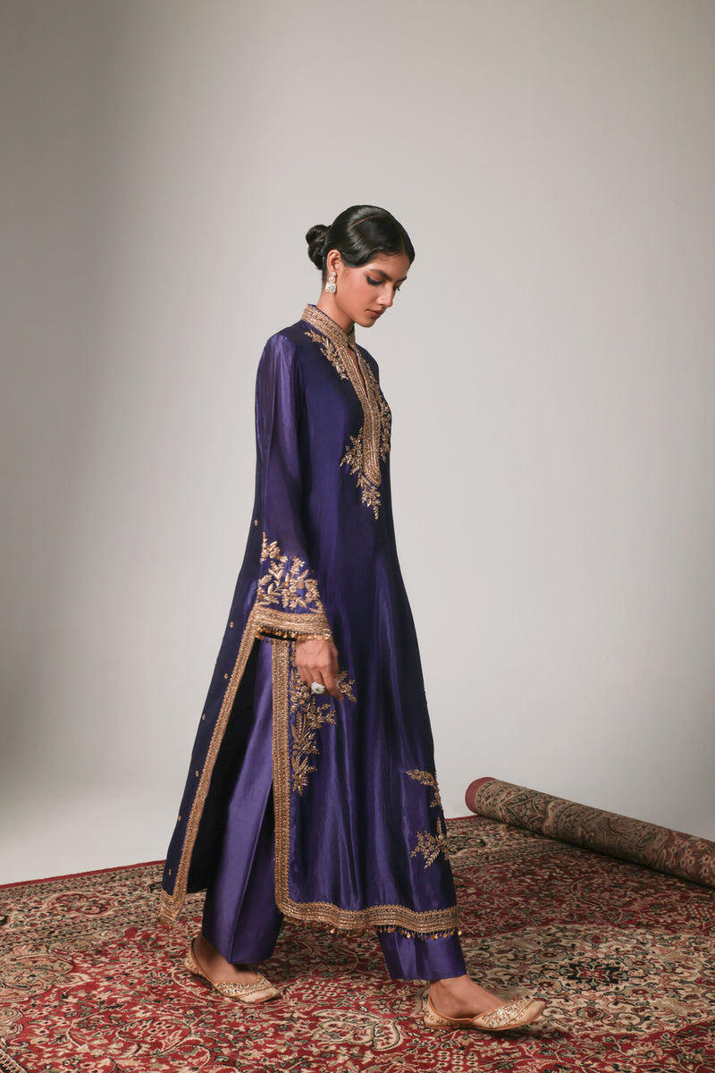 Zar-Rang Purple Jaal Kurta Set kora silk, silk tencel kurta/kurta set by Niti Bothra in purple for women Worldwide