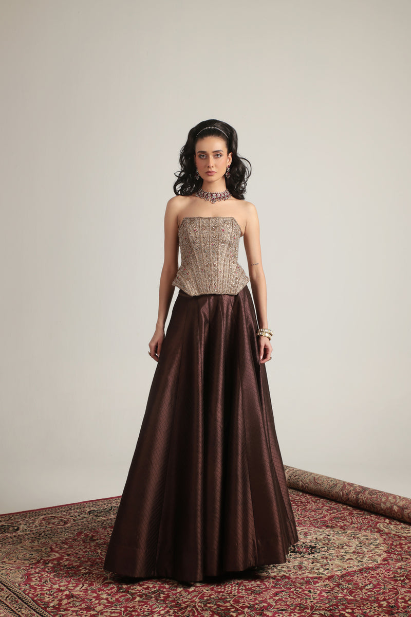 Zar-Rang Brown Panelled Corset Quilted Lehenga Set chiniya silk, kora silk lehenga sets by Niti Bothra in brown & maroon for women Worldwide