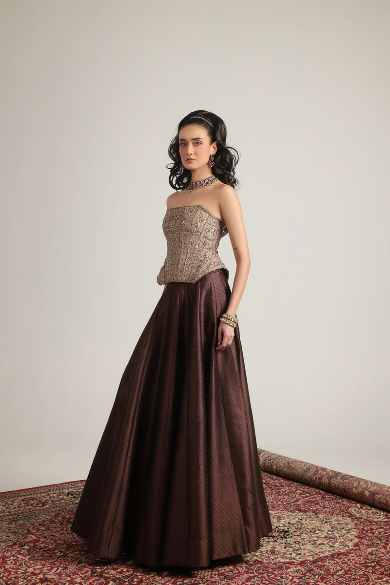 Zar-Rang Brown Panelled Corset Quilted Lehenga Set chiniya silk, kora silk lehenga sets by Niti Bothra in brown & maroon for women Worldwide