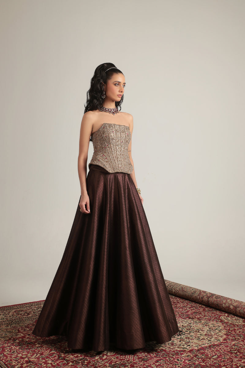 Zar-Rang Brown Panelled Corset Quilted Lehenga Set chiniya silk, kora silk lehenga sets by Niti Bothra in brown & maroon for women Worldwide