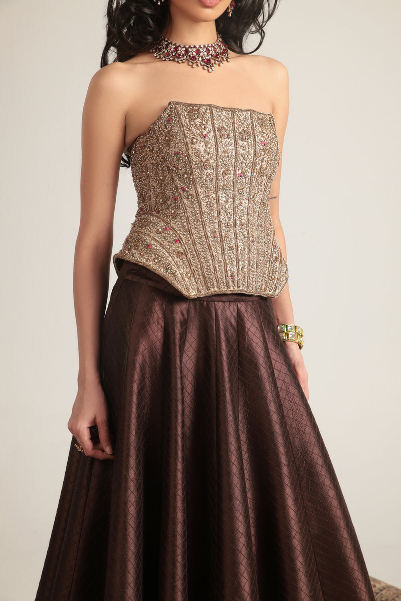 Zar-Rang Brown Panelled Corset Quilted Lehenga Set chiniya silk, kora silk lehenga sets by Niti Bothra in brown & maroon for women Worldwide